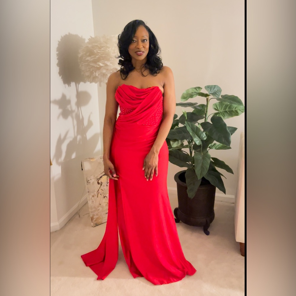 Red strapless gown.